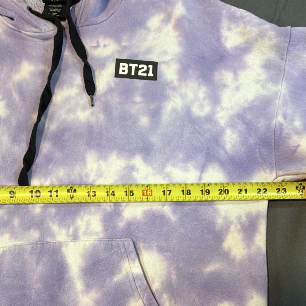 BT21 Purple White Tie-Dye Pullover Hoodie Kangaroo Pocket Medium Cartoon KPop - Picture 10 of 15